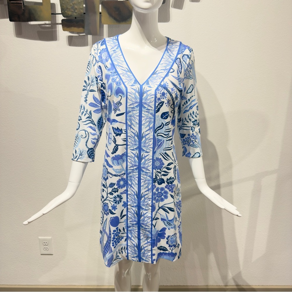NWOT Gretchen Scott Jersey Bordertown Dress Small Hummingbird Heaven Blu…